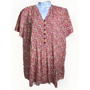 Woman Within Red and Peach Floral Pattern Short-Sleeved Blouse Women's Size Med